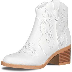 Women's Polyurethane White Embroidered Round Toe Short Ankle Chunky Heel Boots